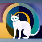 Stylized white cat with blue eyes on multicolored geometric backdrop