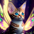 Fantastical kitten with luminous blue eyes and butterfly wings on magical purple backdrop