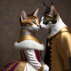 Anthropomorphic cats in royal attire touching noses on decorative background