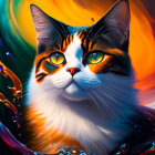 Colorful Digital Painting: Calico Cat with Yellow Eyes & Swirling Patterns