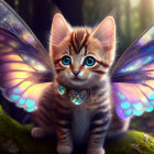 Illustration of a kitten with butterfly wings in enchanted forest.