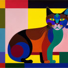 Abstract Cat Painting with Multicolored Face on Geometric Background