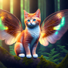 Orange Tabby Cat with Butterfly Wings on Forest Log in Ethereal Light