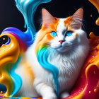 Digitally manipulated image of white fluffy cat with intense blue eyes in vibrant colors