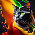 Colorful digital artwork: Cat with flowing liquid colors and intense green eyes