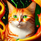 Orange and White Cat with Green Eyes Surrounded by Swirling Colors