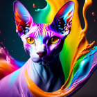 Colorful Stylized Sphynx Cat with Liquid Swirls Background