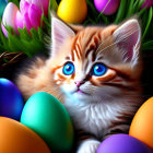 Adorable kitten with blue eyes among Easter eggs and tulips