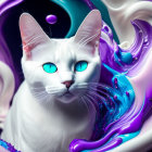 White Cat with Vibrant Blue Eyes on Purple and Cyan Swirl Background