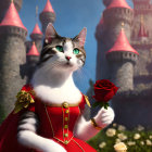 Regal cat with green eyes holding a red rose in front of fairytale castle