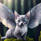 Grey Kitten with Transparent Butterfly Wings in Forest Scene