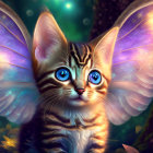 Whimsical kitten with blue eyes and butterfly wings in magical forest