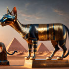 Ornate Egyptian-style cat statues with pyramids in background