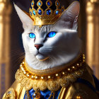 White Cat Wearing Golden Crown and Regal Attire