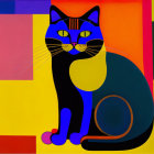 Colorful Abstract Painting: Seated Blue Cat with Yellow and Red Details