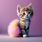 Adorable brown and white striped kitten digital artwork with blue eyes and fluffy tail accessory on soft purple background