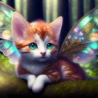 Adorable kitten with butterfly wings on tree branch in mystical forest