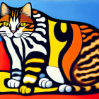 Vibrant Striped Cat Painting in Bold Colors