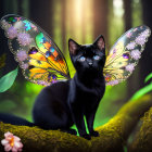 Black cat with blue eyes and butterfly wings in enchanted forest.