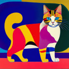Colorful Abstract Cat Painting with Geometric Shapes on Vibrant Background