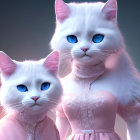 Anthropomorphic white cats in elegant pink attire against moody backdrop