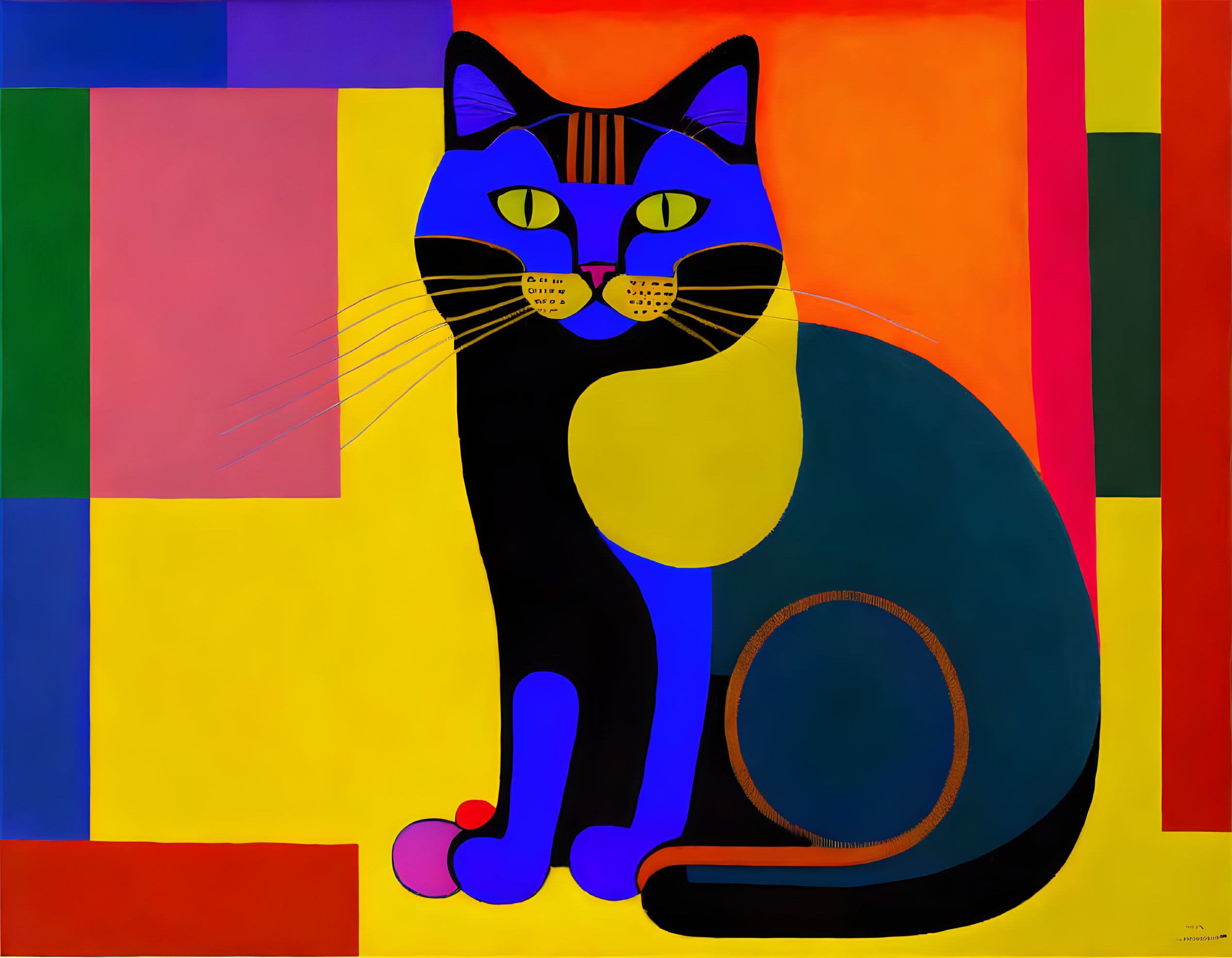 Colorful Abstract Painting: Seated Blue Cat with Yellow and Red Details