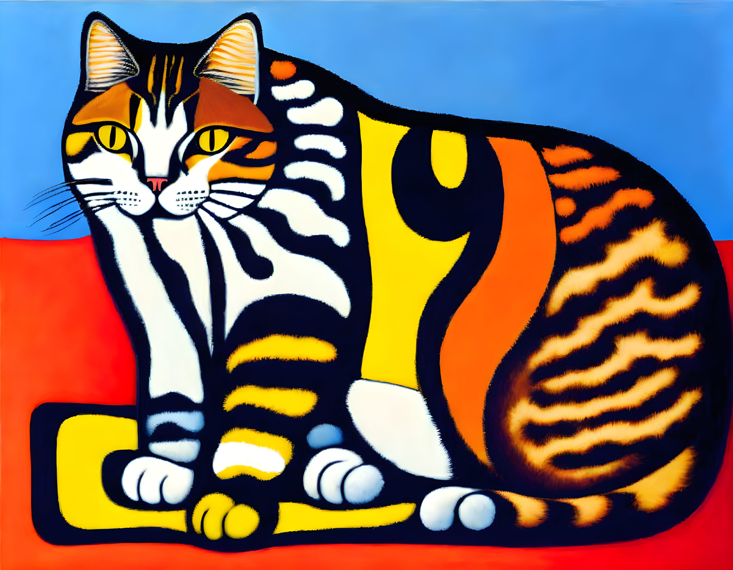 Vibrant Striped Cat Painting in Bold Colors