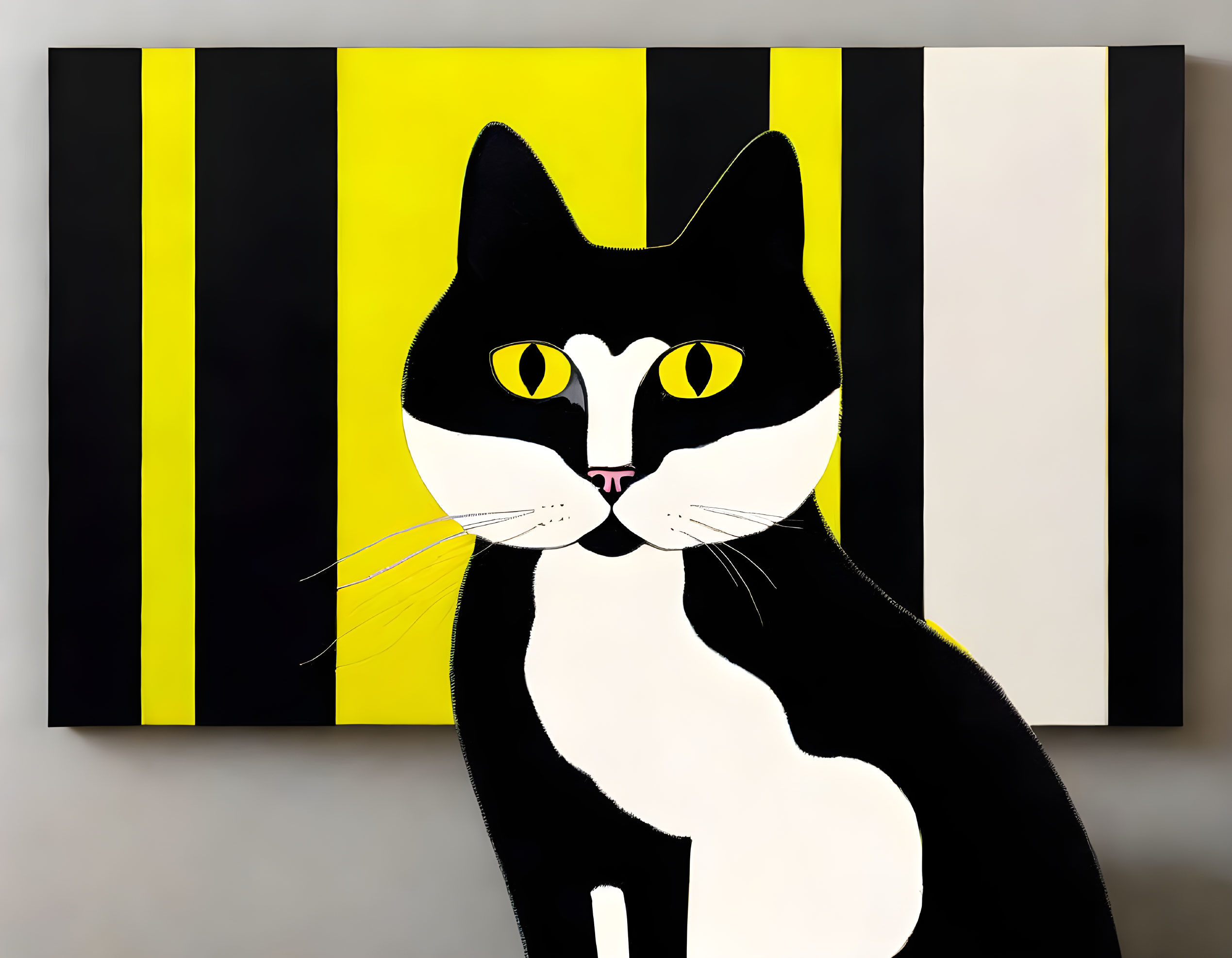 Stylized black and white cat with yellow eyes on striped background