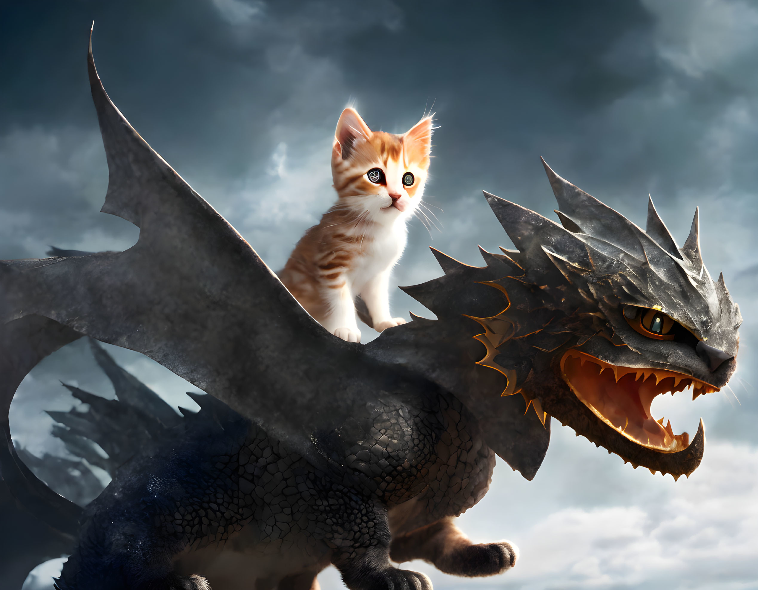 Orange and White Kitten on Dragon's Back under Dramatic Sky