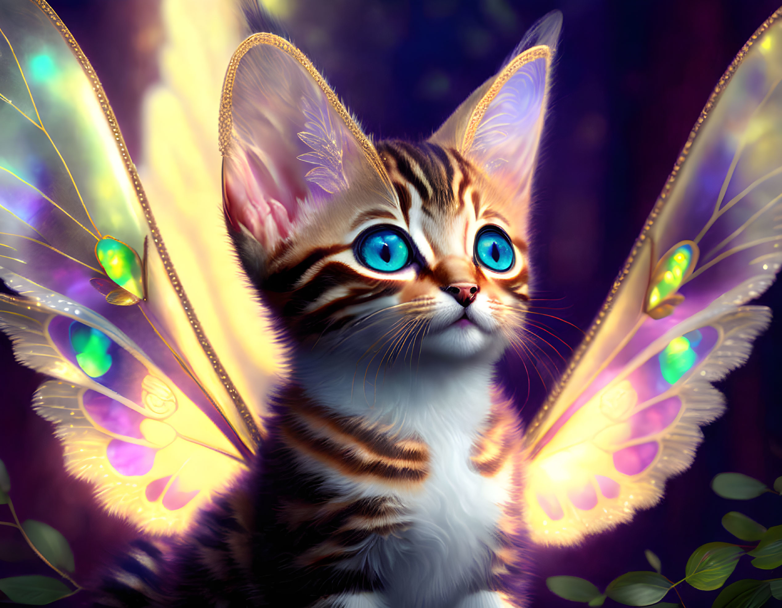 Fantastical kitten with luminous blue eyes and butterfly wings on magical purple backdrop