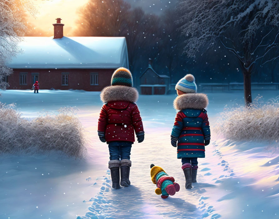 Children walking in snow towards cozy house at dusk with warm light.