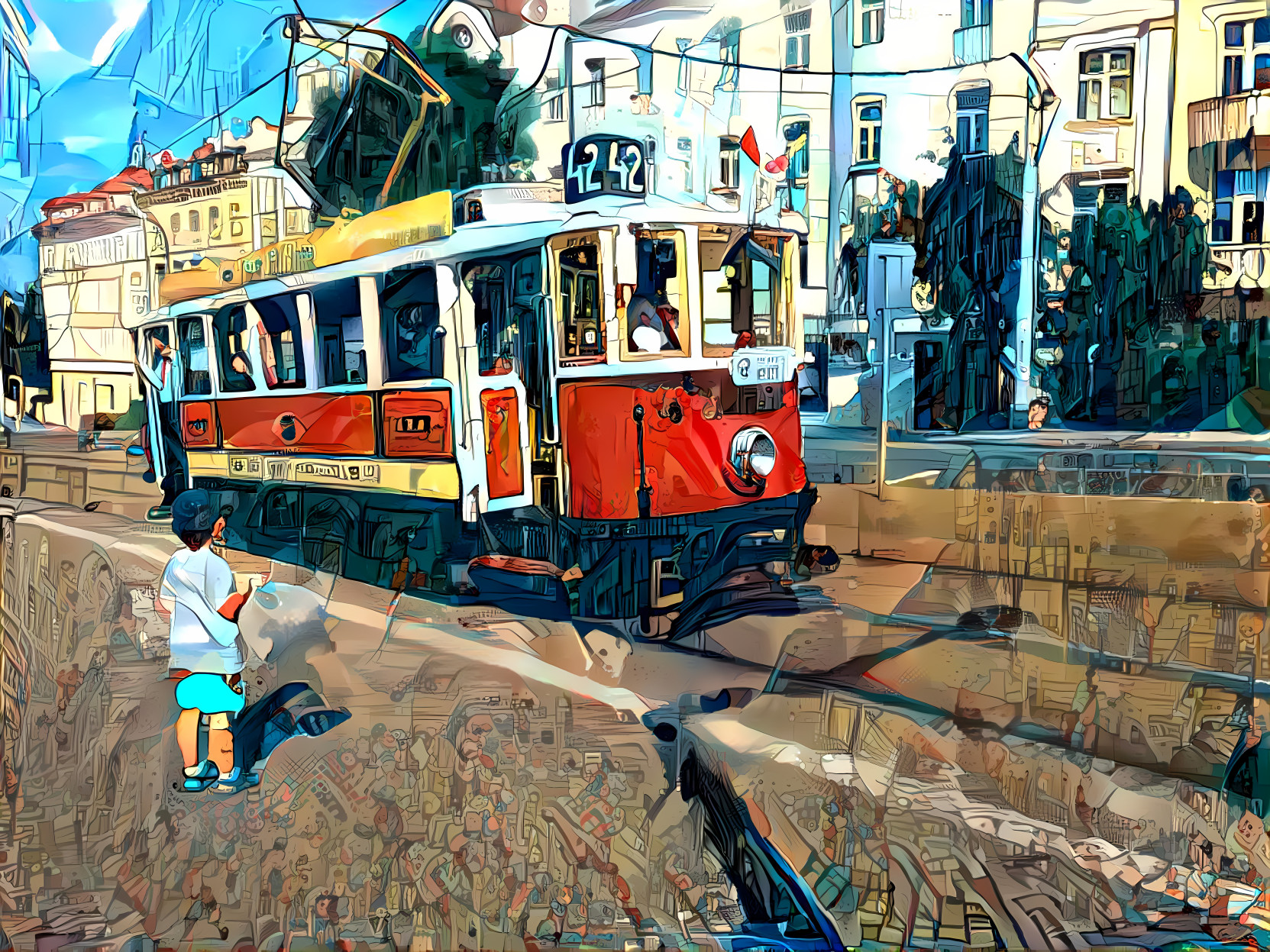 Old Tram And Little Boy