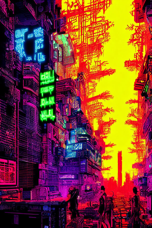 Futuristic cyberpunk cityscape with neon signs and towering structures