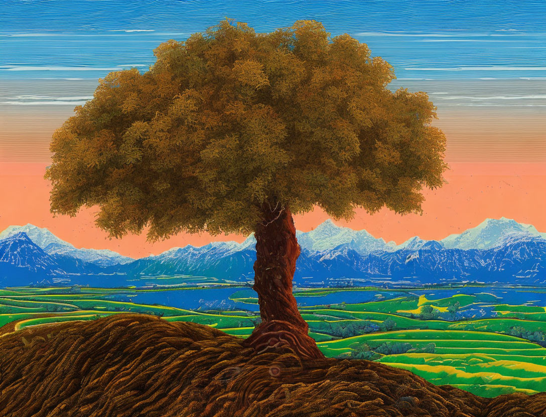 Colorful painting of solitary tree on hill with lush foliage, green fields, and distant mountains under orange