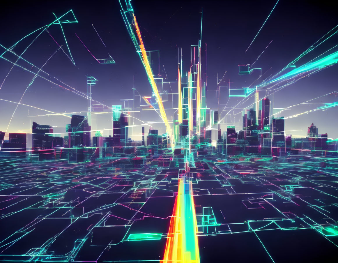 Vibrant neon futuristic cityscape with abstract high-rise structures