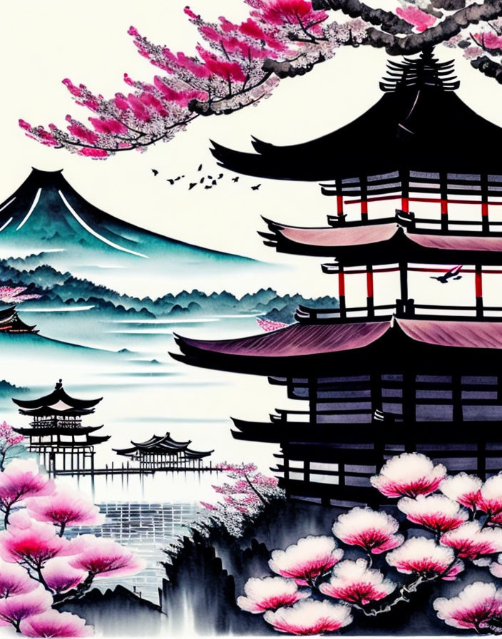 Japanese Art: Pagodas, Cherry Blossoms, Misty Mountains, Lake, Birds