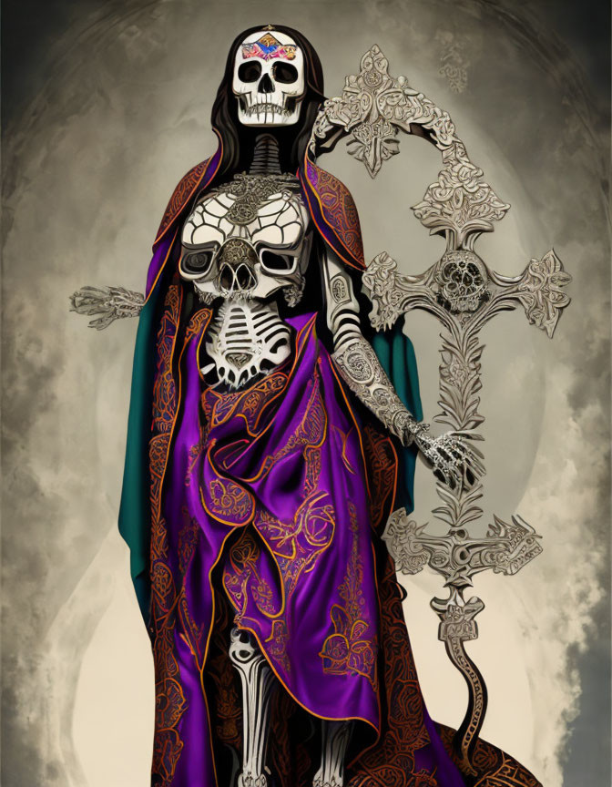 Skeleton in Purple and Black Cloak with Scythe on Misty Background