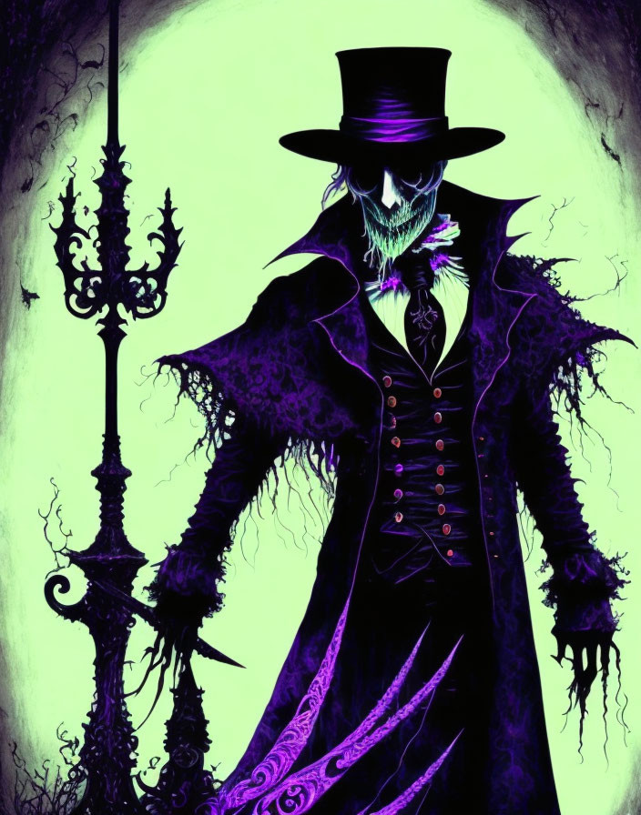 Sinister Figure in Top Hat with Lamp Post on Green Background