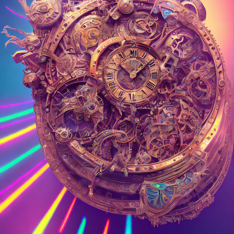 Detailed Steampunk-Style Clock with Gears on Colorful Background