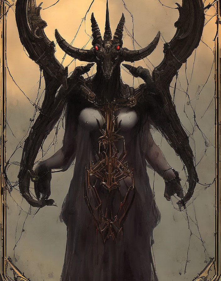 Dark Fantasy Figure with Horns and Red Eyes in Black Robe on Gold Backdrop