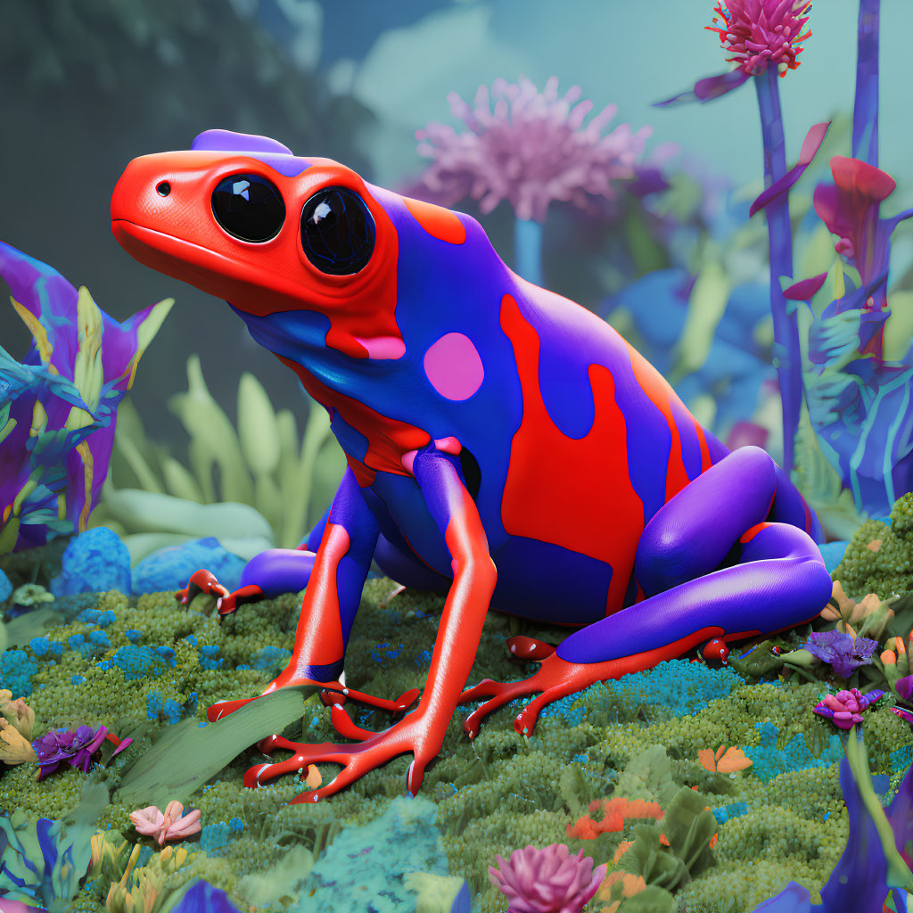 Colorful Digital Art: Red Frog in Fantasy Environment