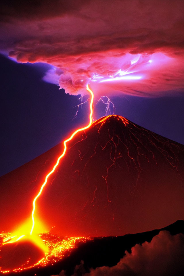 Vibrant lava flows and lightning in dramatic volcanic eruption