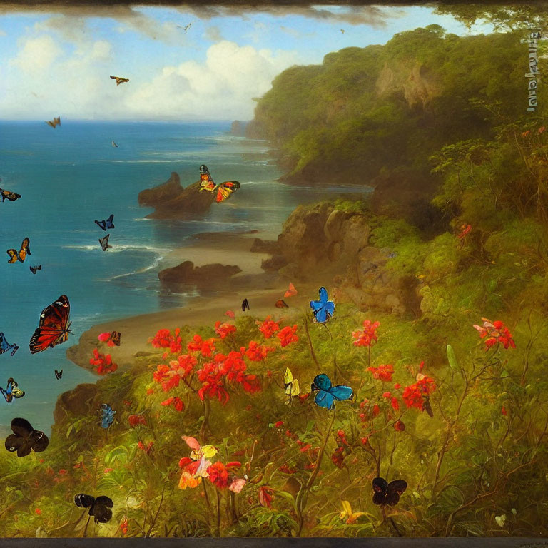 Colorful coastal painting with flowers, butterflies, and serene waters.