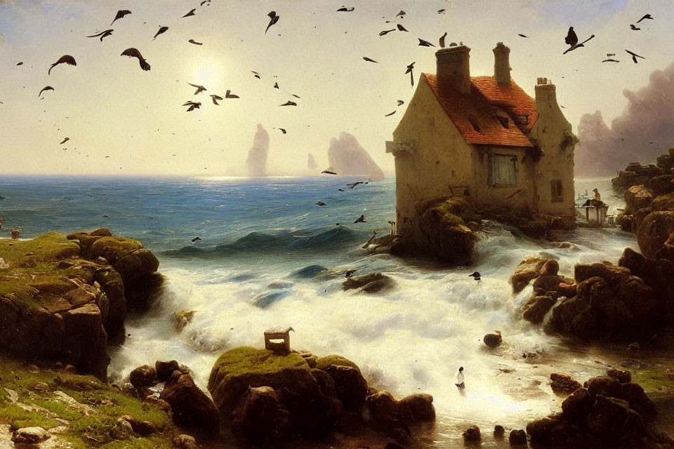 Thatched roof seaside cottage on rocky shore with crashing waves