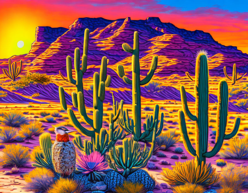 Colorful Desert Sunset with Cacti, Mountains, and Rich Sky