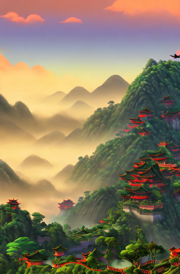 Misty mountain landscape with pagodas in lush greenery