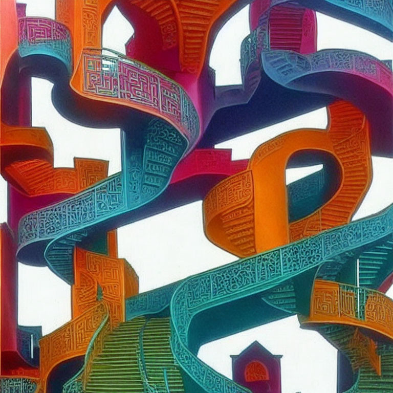 Colorful digitally altered image of interwoven staircases with intricate patterns