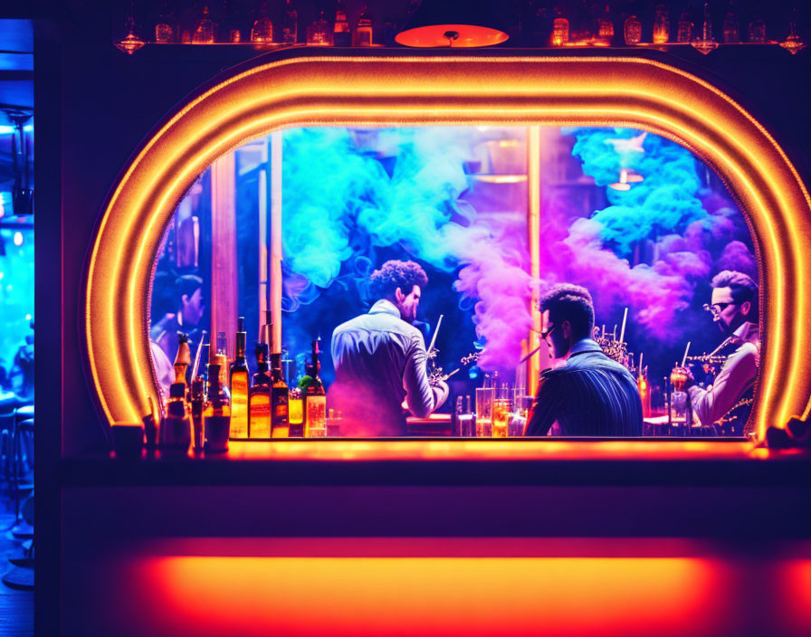 Vibrant neon-lit bar scene with people and illuminated bottles