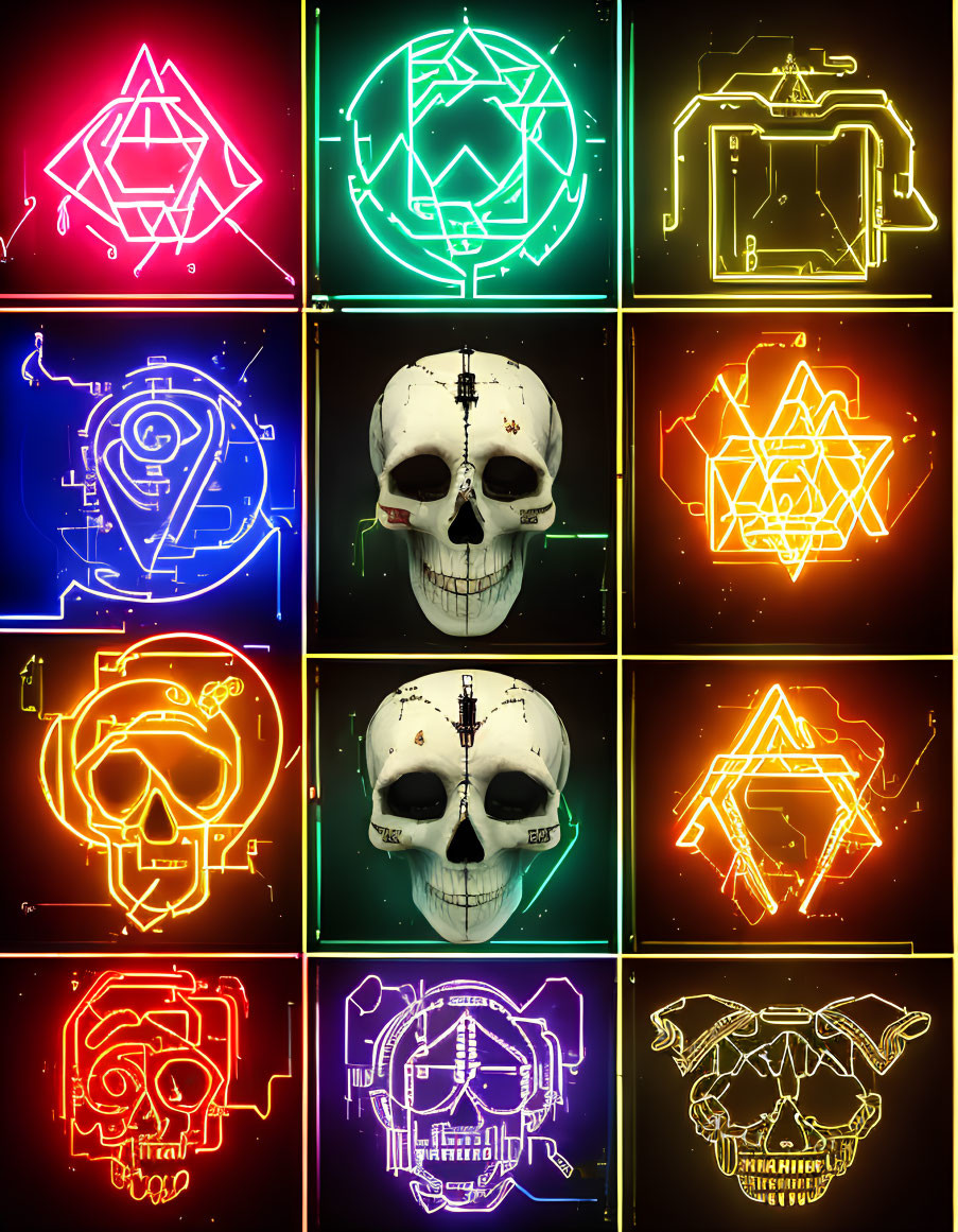 Assorted neon sign designs on dark background with geometric shapes and stylized skulls in vibrant colors