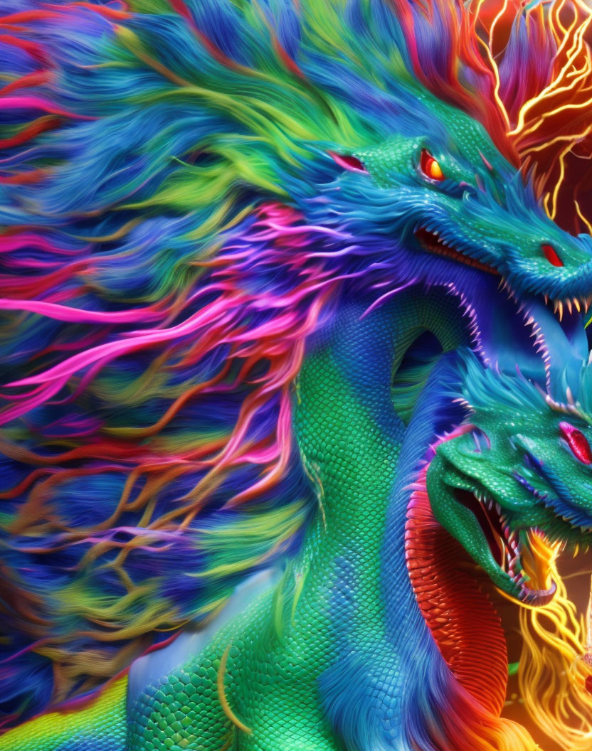 Colorful Dragons Artwork: Vibrant digital depiction of two dragons with intricate scales and flaming manes